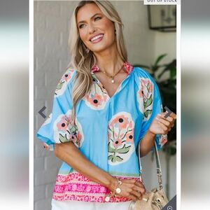 Umgee Floral Blue Women's Top